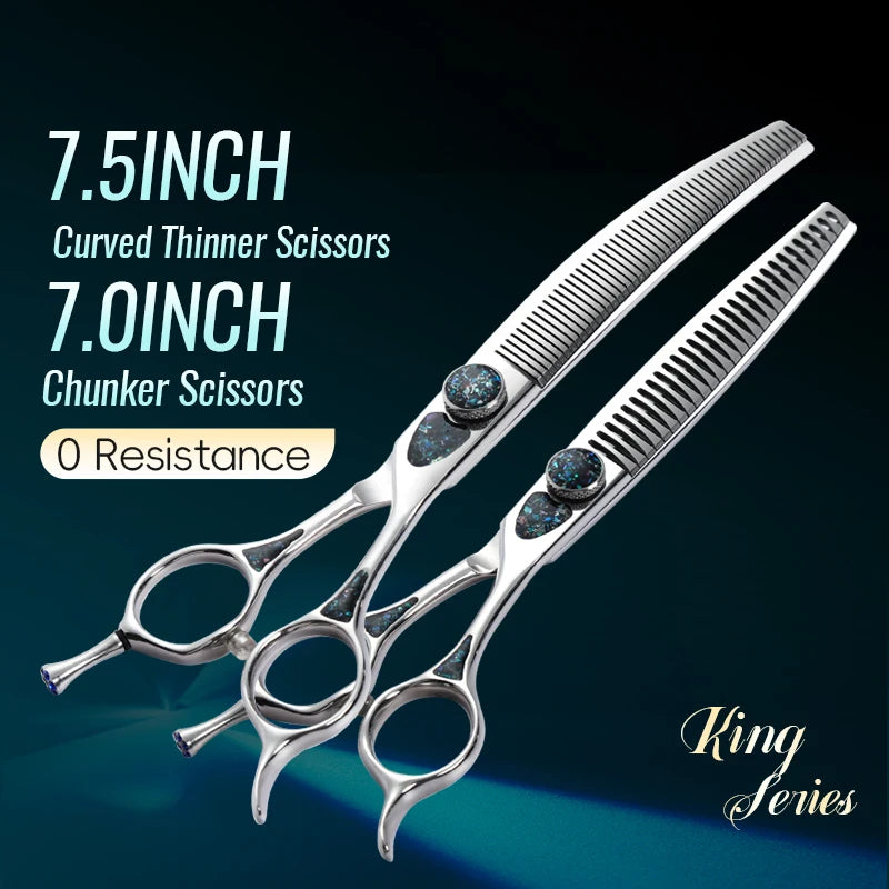 Fenice King Series 7/7.5Inch VG10 Shell Bearing Screws Dog Trimming Grooming Straight Curved Thinner Chunker Pet Scissors Tools