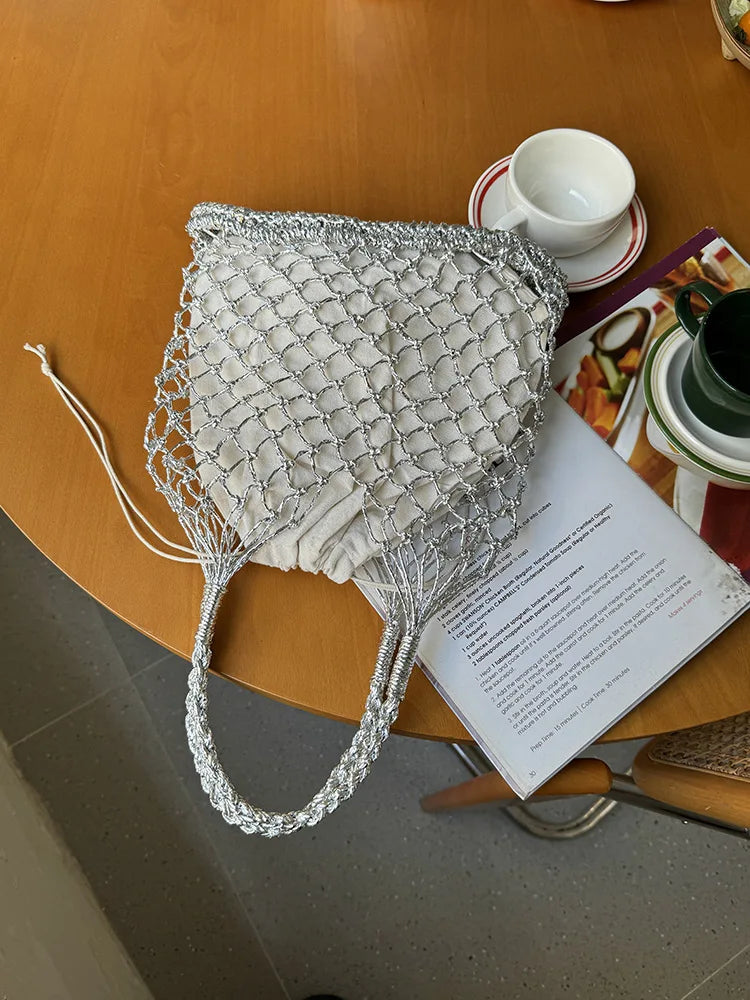 Hylhexyr Ins New Solid Color Gold and Silver Thread Handmade Weaving Bag Bucket Shaped Fashion Handbag Beach Bags