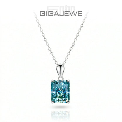 GIGAJEWE  8*10mm 4.0ct Radiant Cut Natural Cyan VVS1 Moissanite 18K White Gold Plated Silver Engagement Necklace Woman Girl Gift