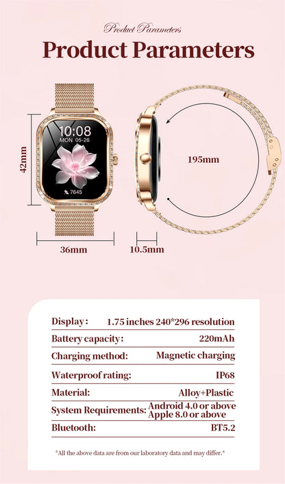 Fashion Women Diamond Watch 1.75 inch 360*360 HD Display Heart Rate Blood Oxygen Monitoring Bluetooth Call Smartwatch 2026 New