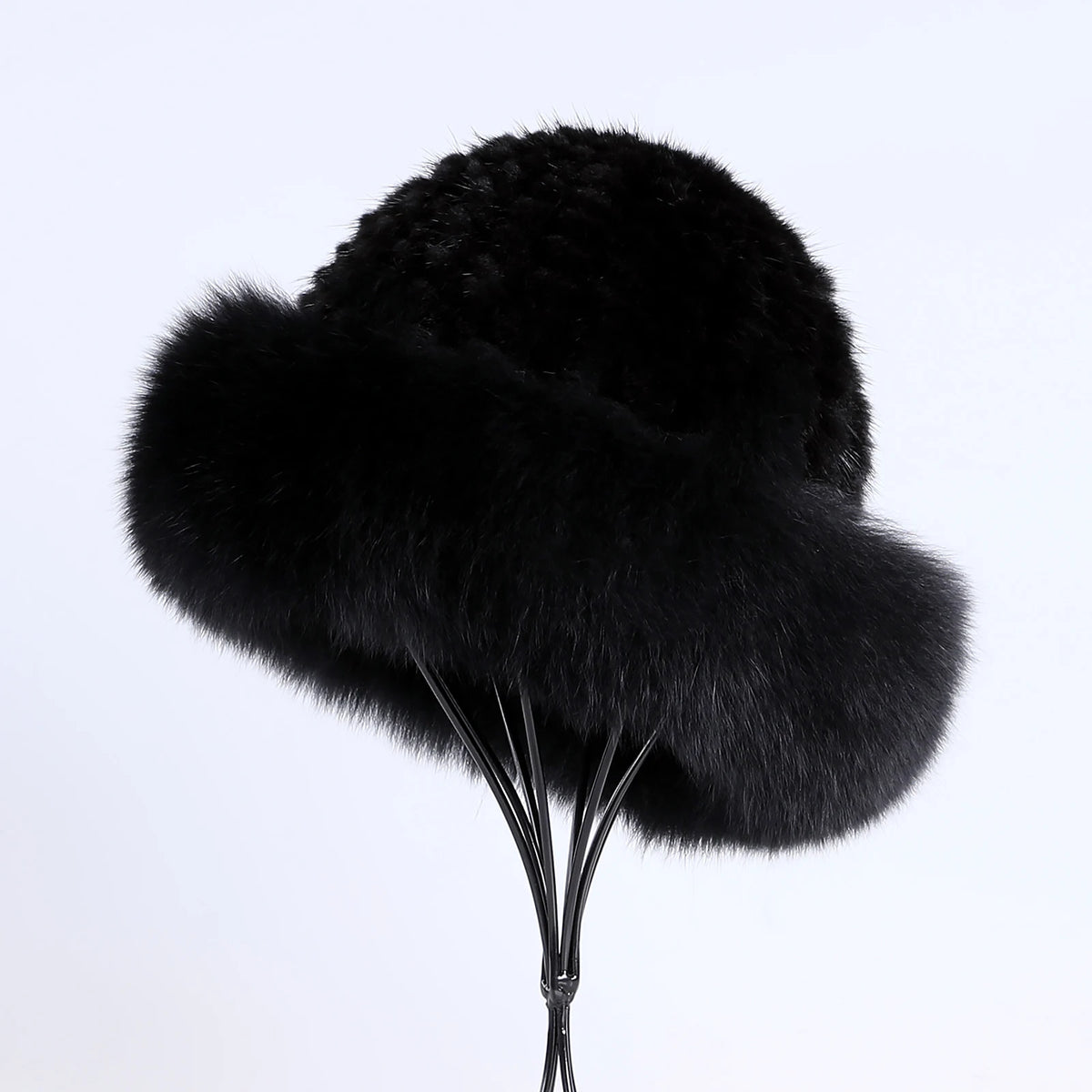 Women's Winter Warm Genuine Premuim Mink Fur Knitted Bucket Hat Furry Real Fur Caps Big Fox Fur Trim Brim Adjustable