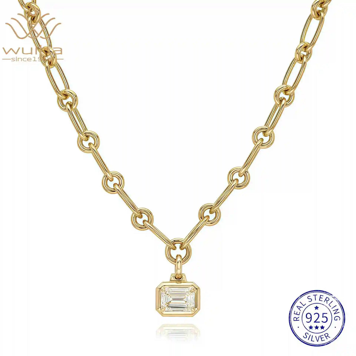 WUIHA Vintage 925 Sterling Silver 2 CT Emerald Cut Real GRA Moissanite Diamonds Pendant Necklace Wedding Engagement Fine Jewelry