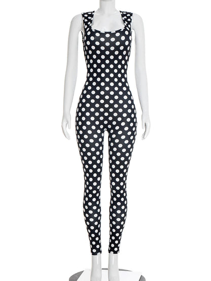 Yomesugar 2026 Summer Women's Polka Dot Printed Backless Jumpsuits Sexy Square Collar Sleeveless Skinny Rompers Party Clubwear