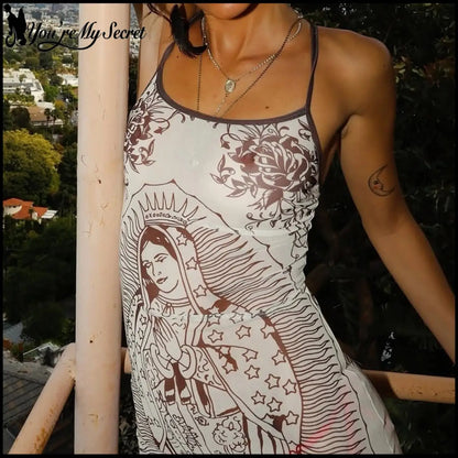 [You're My Secret] Y2K Virgin Mary Print Bodycon Mini Dress Our Lady of Guadalupe Floral Cami Slip Dress Gothic Club Outfits