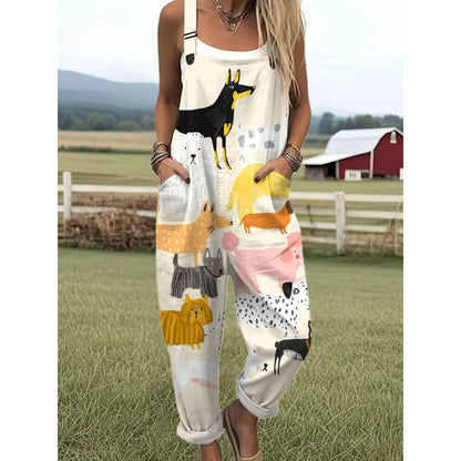 Relaxed Fit Women's Overalls with Cute Animals Patterns Fashion Jumpsuits Adjustable Design for Picnics and Country Outings