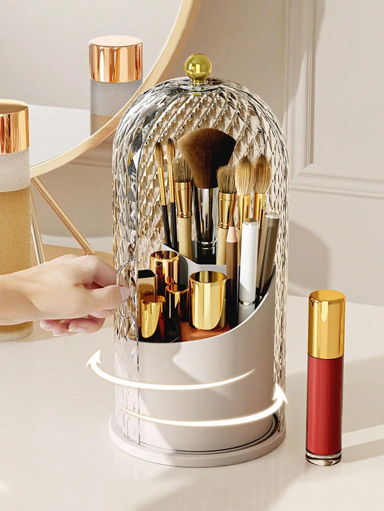 Transparent Sliding Door Birdcage Cosmetic Storage Box 360° Rotatable Makeup Brush Organizer Holder Multi Compartment Vanity Storage For Lip Liner Eyebrow Tools Makeup Brushes 1 Piece