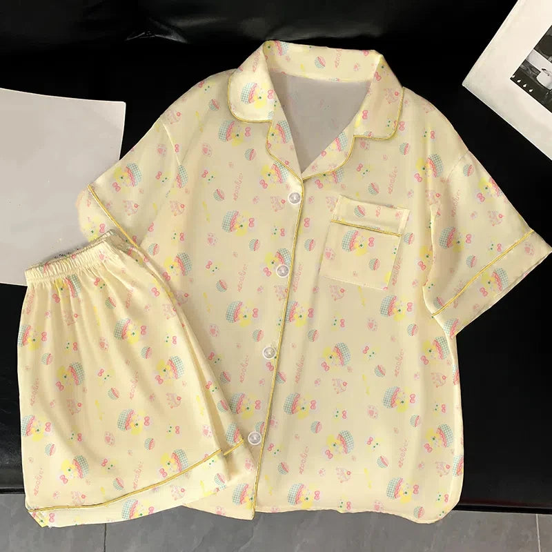 Women's Pajamas Sweet Cute Print Casual Pajama Set Short Sleeve Button Lapel Top & Pants Comfortable Relaxed Summer Nightwear