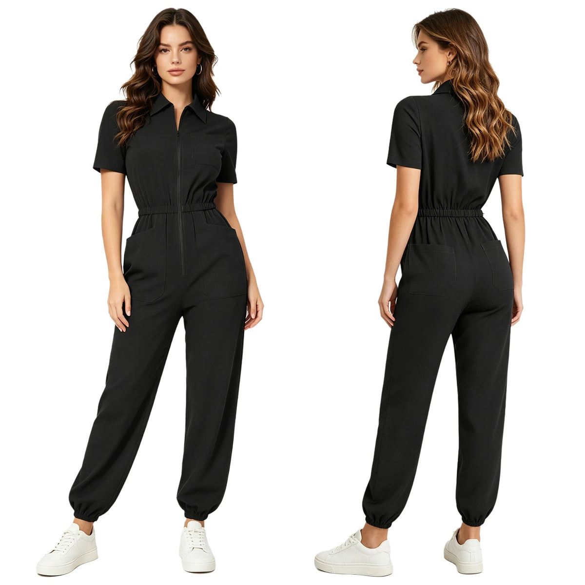 Womens Scrubs Jumpsuit Soft Stretch Medical Scrub Set with Pockets Front Zipper Elastic Waist Jogger Pants Nurse Doctor Workwear