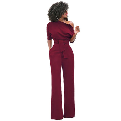 2024 Summer New Fashion Women's Jumpsuit Solid Color Slanted Shoulder Elegant Temperament Sleeveless Long Wide Leg Jumpsuit