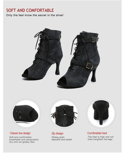 SWDZM New Ladies Dance Shoes Ballroom Dance Boots Denim Jazz Dance Shoes Girls Sexy Pole Dance Ballroom Dance Cowboy Boots