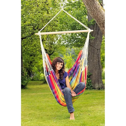 Brazilian-Made Rainbow Hammock Chair: Cotton-Polyester Blend, Suitable for Indoor and Outdoor Use, Supports Up to 240lbs