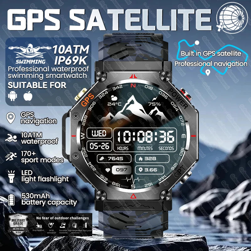 New Military Real GPS Smart Watch Men 10ATM IP69K Waterproof Swim Sports Watches Flashlight Bluetooth Call AMOLED HD Smartwatch