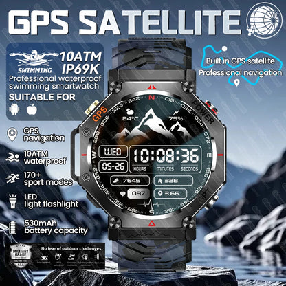 New Military Real GPS Smart Watch Men 10ATM IP69K Waterproof Swim Sports Watches Flashlight Bluetooth Call AMOLED HD Smartwatch