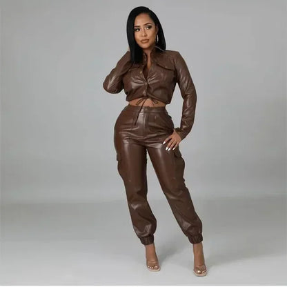 Women Jacket Sets 2 Piece Long Sleeved Slim PU Leather Gripped Pants Set Solid Zipper Fly Pencil Pants Slim Fit High Street Suit