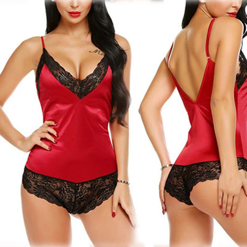 Women Lace Pajamas Nightclothes Black M L XL Sexy Ice Silky Smooth Cool Low Cut V Neck Deep V Short Jumpsuit for Women