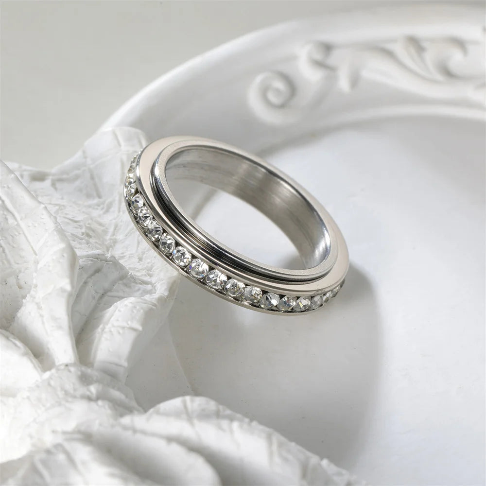 Fidget Anxiety Anti-stress Ring Women's 4mm Gold Silver Color Stainless Steel Crystal Rotatable Spinner Rings for Woman Jewelry