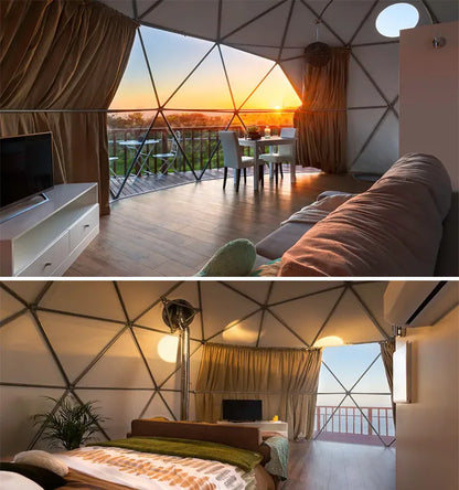 Hot Product Glamping Dome Tent 5m with Damp Proof PVC Windproof for Four Season Family Camping Resort With Dining Bath