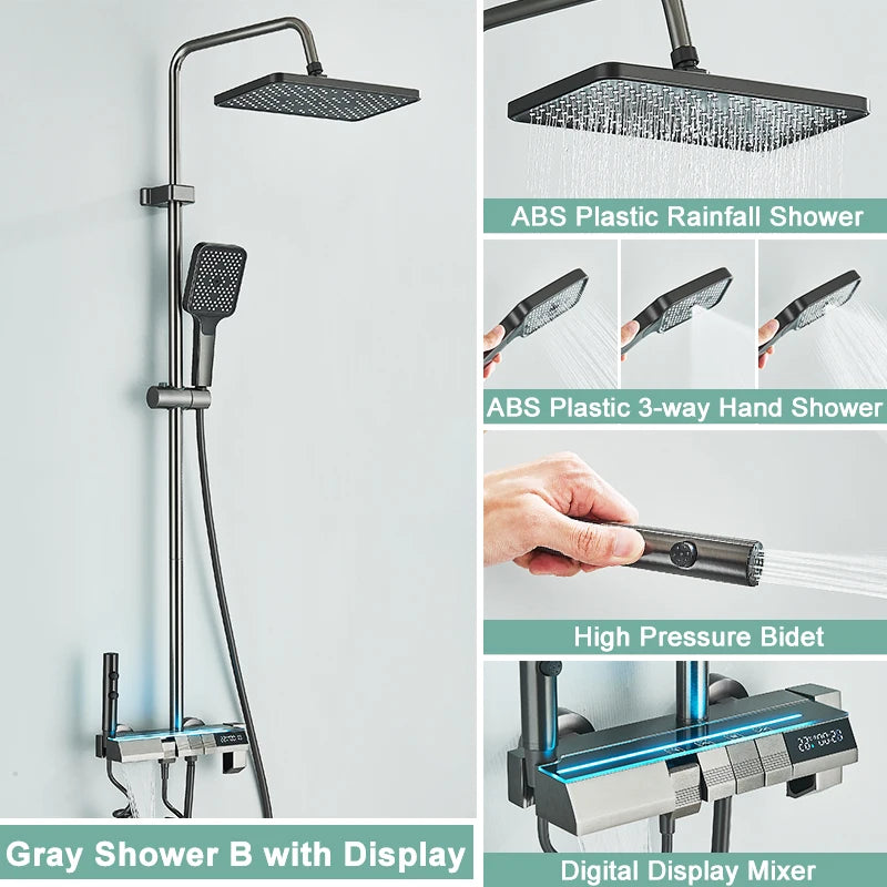 Rozin Gray Bathroom Shower Faucet Set Smart Digital Display Piano Style Rainlfall System Mixer Tap with Bidet / Hand Shower