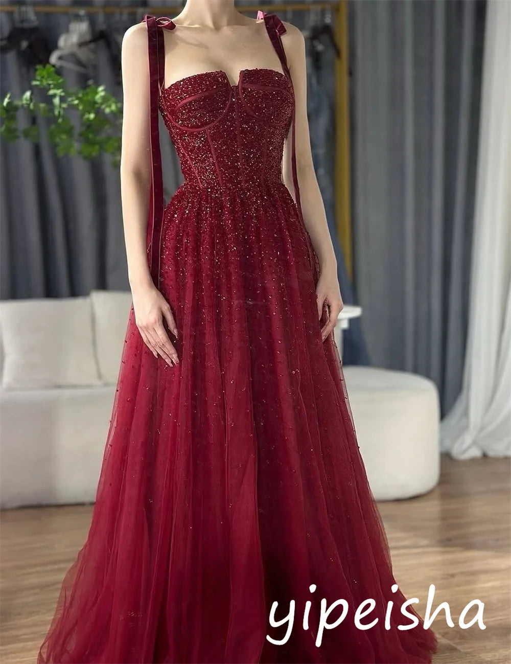 Customized Modern Style Net Sequined Pleat A-line Square Neck Long Dresses Bespoke Occasion Sparkle Casual