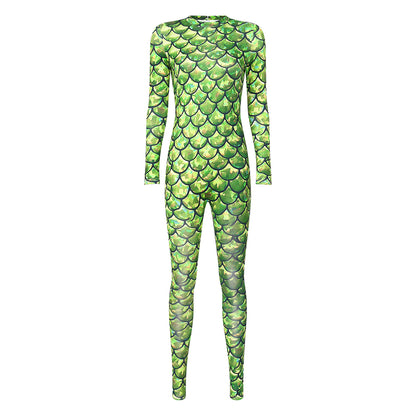 Womens Rash Guard One Piece Swimsuit Mermaid Fish Scale Print Long Sleeve Back Zipper Full Body Tops Sexy Swimwear Jumpsuit