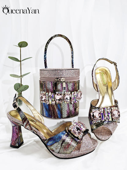 Queena Yan Newest Sweet Style Pink Color High Heels With Colourful Bucket Bag Fashionable Womens Footwear And Accessories Set