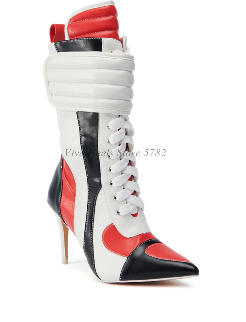 Cool Punk Mixed Colors Leather Motorcycle Boots Pointed Toe Lace up Se ...