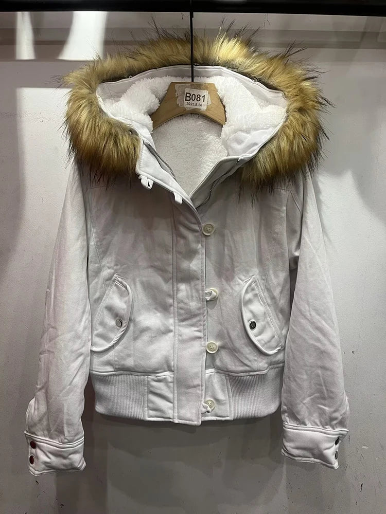 Winter Warm Fur Collar Short Jacket Women 2000s Y2K Fleece Padded Parkas Single Breasted Hood Coats High Street Female Outwears