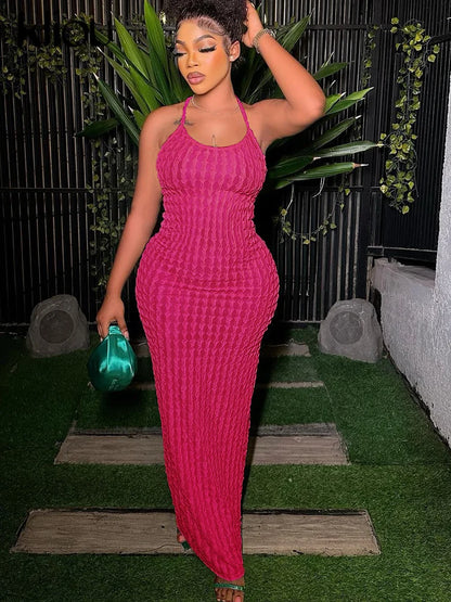 Kliou Solid Ruched Spaghetti Strap Bandage Maxi Dress Women Casual Sleeveless Backless Bodycon Ladies Party Streetwear Dresses