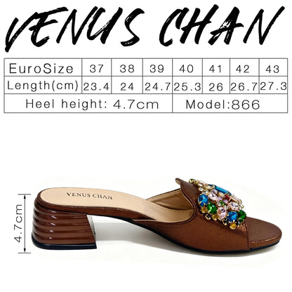 Women Luxury Multicolor Rhinestone Blue Heel Mules Black Satin Open Toe Slip On Sandals Elegant Wedding Evening Party Designer
