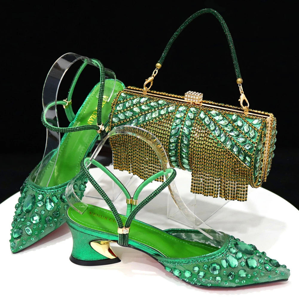 Women Purple Rhinestone Shoes Matching Bag Set Italian Design Chunky Heel Pumps Tassel Clutch Purse Nigeria Wedding Party Dress