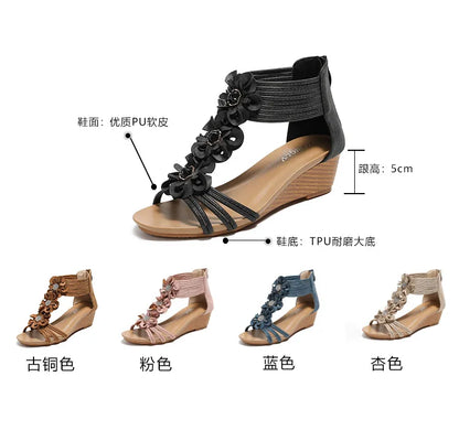 High quality leather flat sandals for women 5cm mid heel flower summer 2026 36 42 open toe casual beach shoe blue pink brown