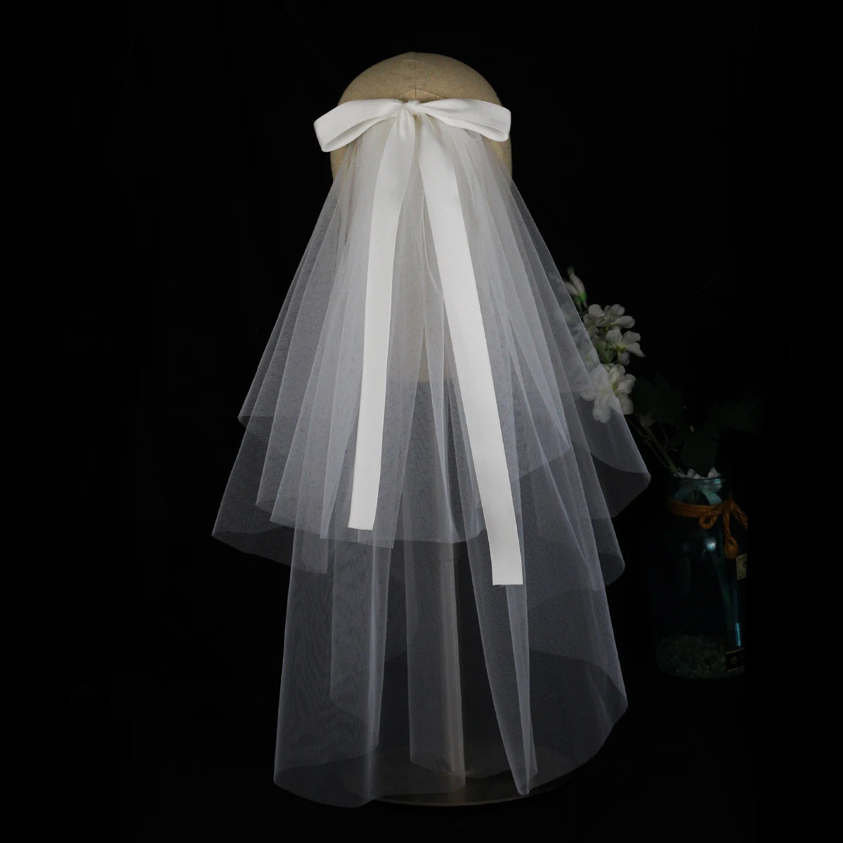 LA003 Bridal Veil Two-Layer Plain Tulle Satin Bow Handmade White Short Headdress Veil for Wedding Dress