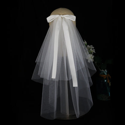 LA003 Bridal Veil Two-Layer Plain Tulle Satin Bow Handmade White Short Headdress Veil for Wedding Dress