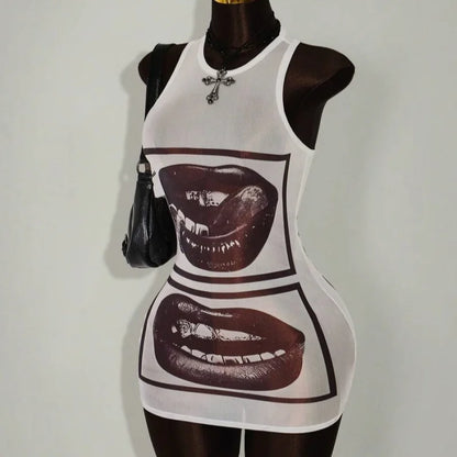 European American Personalized Print Sleeveless Dress Sheer Slimming Short Skirt Summer Fashion For Women