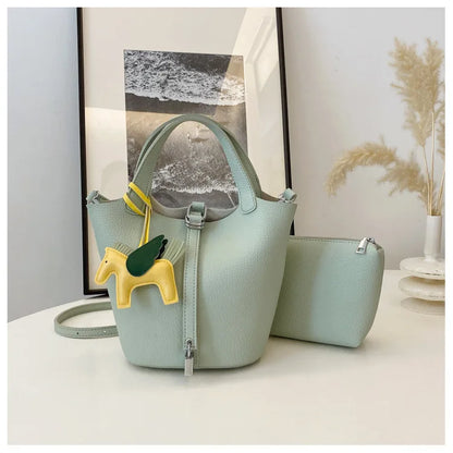 Fashion Vegetable Basket Bucket Bag Women's Autumn New Lychee Pattern Shoulder Bag Simple Solid Color Niche Messenger Bag