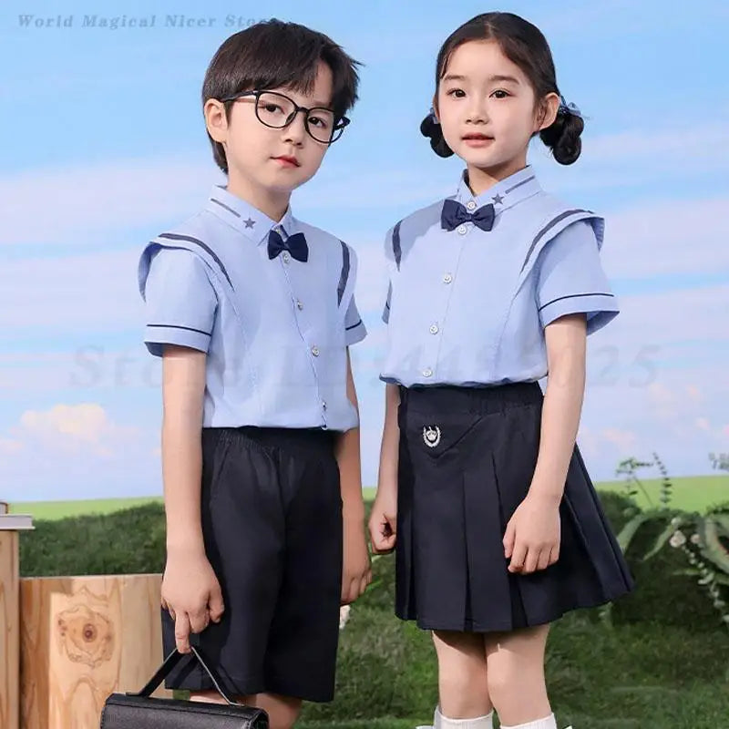 Summer School Uniform Children's Kindergarten Costume Kids Boys Academic Style Sportswear Girls Vintage Two Piece Set Clothing