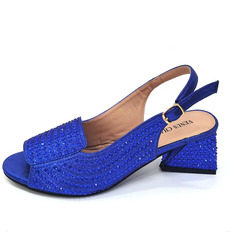 High Heels Shoes for Women Embroidery Rhinestone Italian Design Blue Color Pointed Toe Shoes and Bags Set Fashion