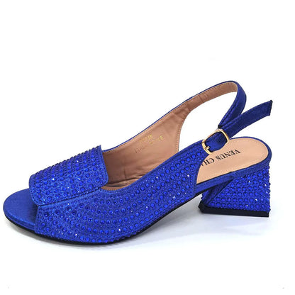 High Heels Shoes for Women Embroidery Rhinestone Italian Design Blue Color Pointed Toe Shoes and Bags Set Fashion