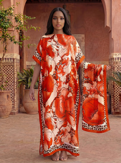 Leopard Border Big Floral Print Satin Abaya With Scarf, Loose Maxi Kaftan For Muslim Women Summer Beach Wear