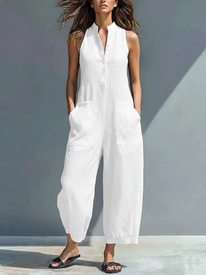 Summer Casual Sleeveless Stand Up Collar Pocket Jumpsuits Women Macacão Feminino Combinaison Femme Monos De Mujer Casuales