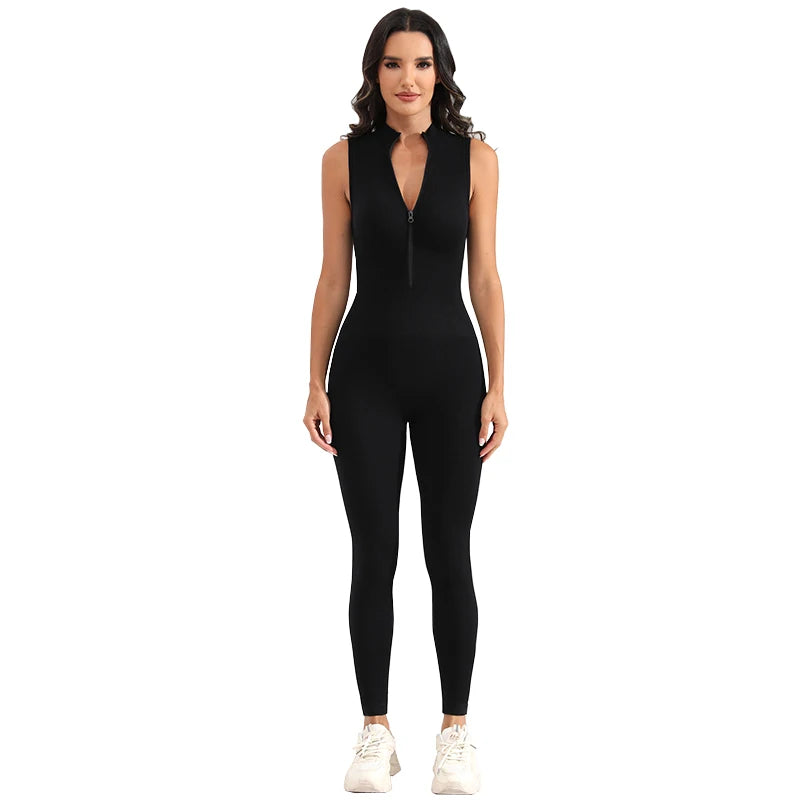 Ribbed Sleeveless Zip Front Sport Jumpsuits Women Yoga Jumpsuits Workout Ribbed Seamless One Piece Jumpsuits Zip Up Bodycon