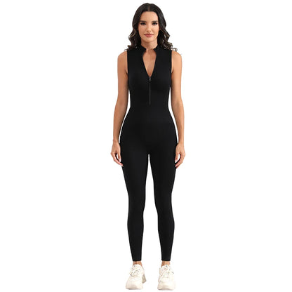 Ribbed Sleeveless Zip Front Sport Jumpsuits Women Yoga Jumpsuits Workout Ribbed Seamless One Piece Jumpsuits Zip Up Bodycon