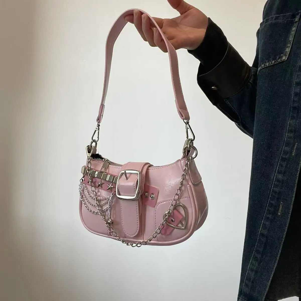 Fashion Hot Girls Square Shoulder Bags Retro Rivet Star Women's Underarm Bag Sweet Pu Leather Female Chain Handbags Pink Purse