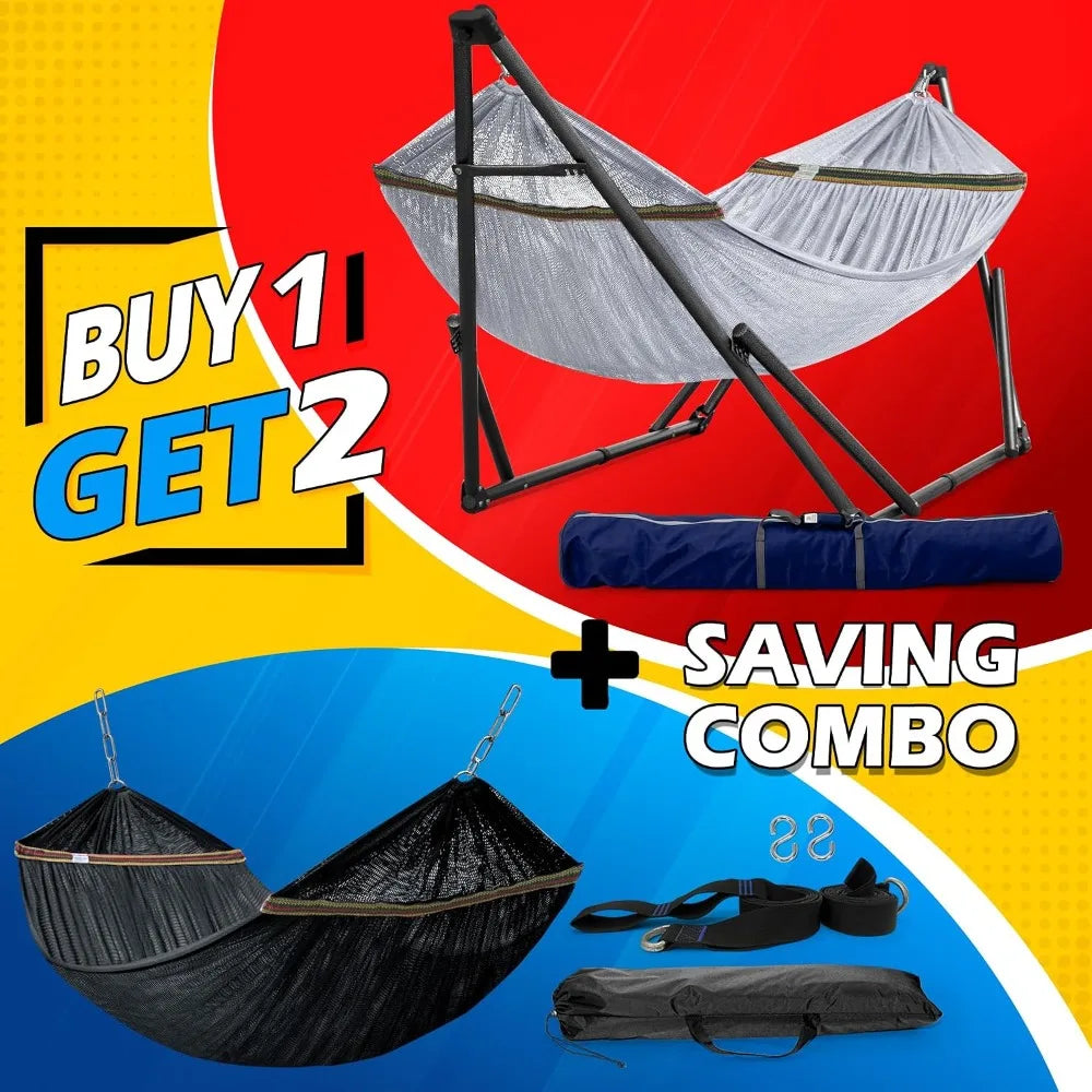 Tranquillo Combo x2 Hammocks with Stand & Tree Straps, Heavy Duty 600lbs for Indoor Outdoor Patio Backyard, Grey Medium