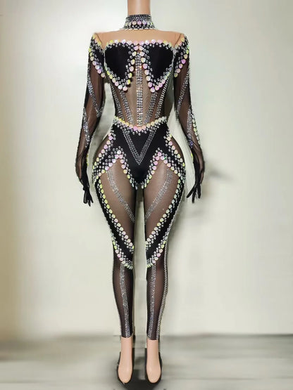 Women Special Occassion Dress Printed Sequines Rhinstones Bodycon Jumpsuits Y2k Party Evening Club Gothic Stage Costumes