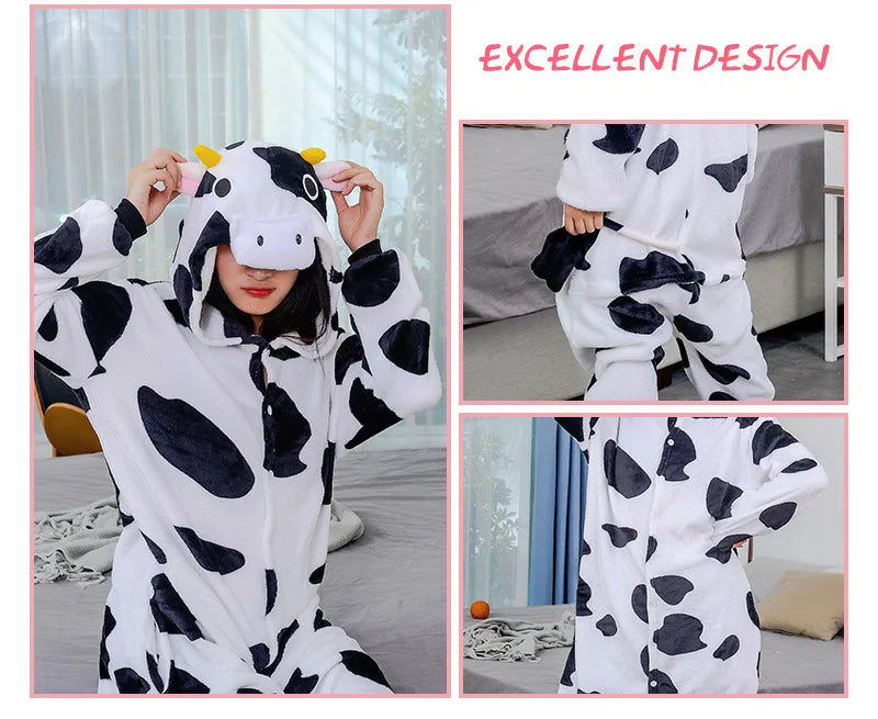 Adults Cow Cartoon Pajamas Animal Onesies Cosplay Costumes Jumpsuit Hooded Sleepwear Halloween One Piece for Performing