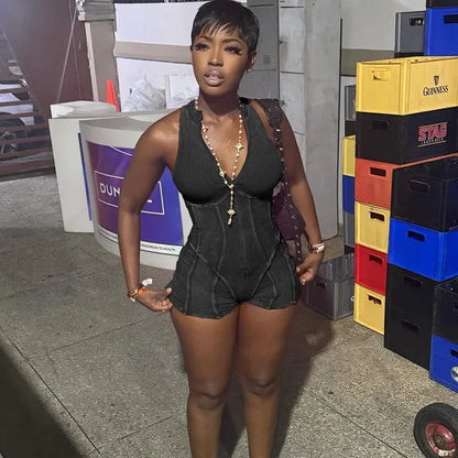 Casual Front Zipper Bodycon Rompers for Woman Short Playsuit Sleeveless Striped Sporty Fitness Workout One Piece Jumpsuit Shorts