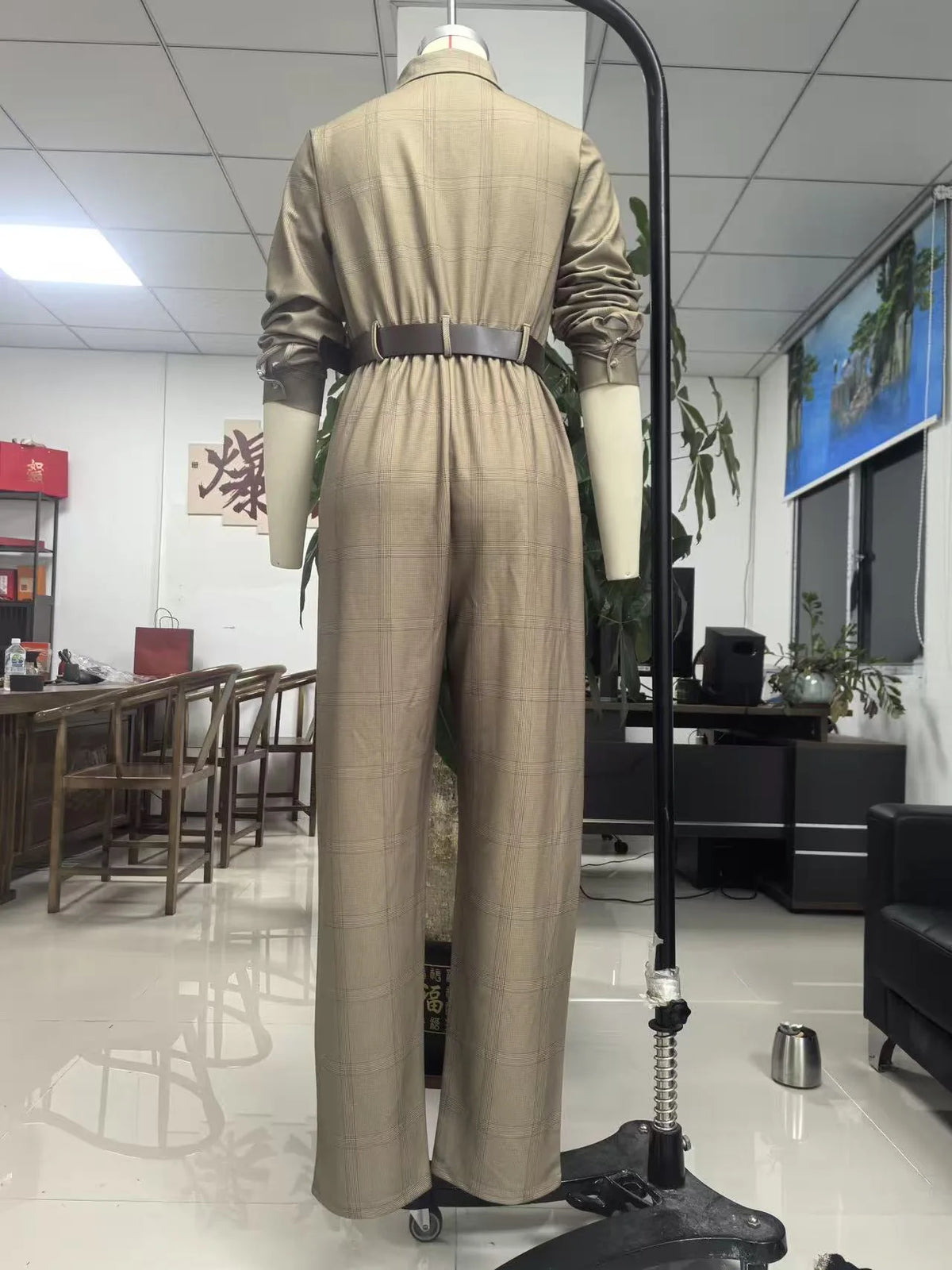 Retro Grid Button Lapel Shirt Jumpsuits Woman Fashion High Waist Slim Bodysuits Romper Spring Autumn Long Sleeve Pocket Overalls