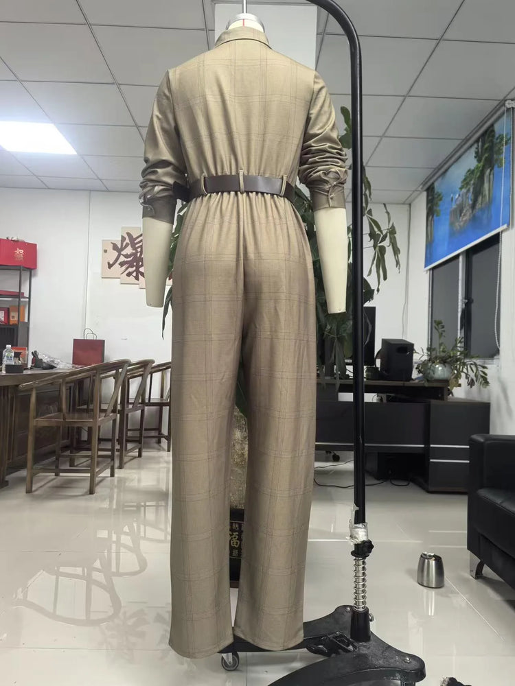 Retro Grid Button Lapel Shirt Jumpsuits Woman Fashion High Waist Slim Bodysuits Romper Spring Autumn Long Sleeve Pocket Overalls