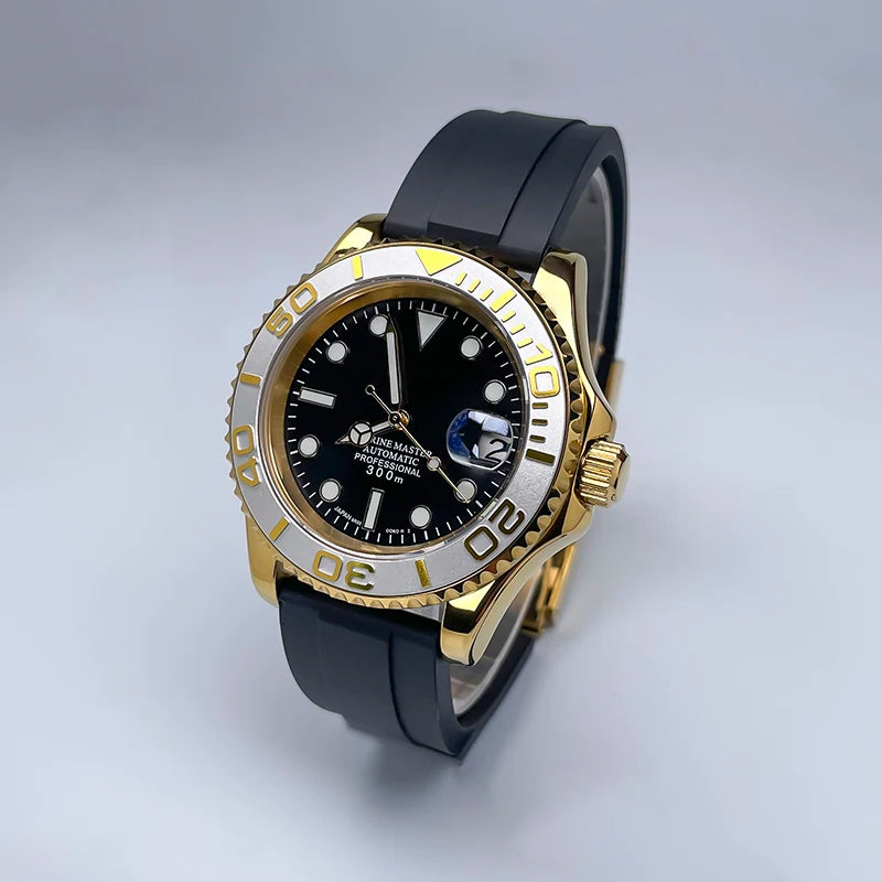 NH35 Automatic Watch Men 40MM Full Gold YM Ceramic Bezel Two-Way Rotating Sapphire Glass Luminous Luxury Rubber Strap for Man
